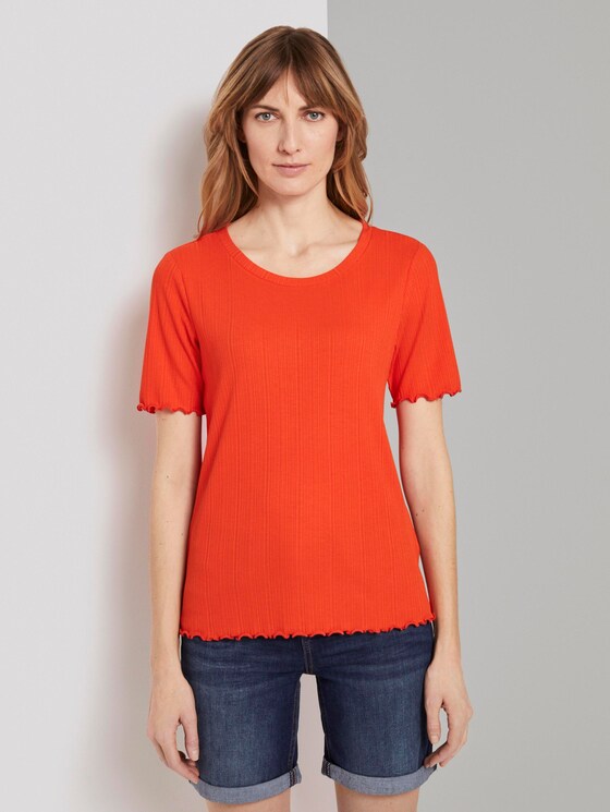 Geripptes T-Shirt mit Wellsaumkanten - Frauen - strong flame orange Geripptes T-Shirt mit Wellsaumkanten - Frauen - strong flame orange - 1 - TOM TAILOR