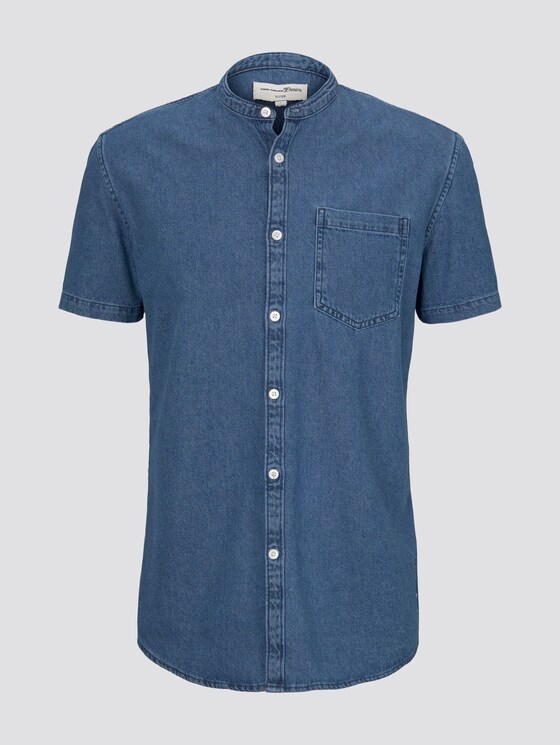 Short-sleeved denim shirt with a Mao collar - Men - mid stone wash denim Short-sleeved denim shirt with a Mao collar - Men - mid stone wash denim - 7 - TOM TAILOR Denim