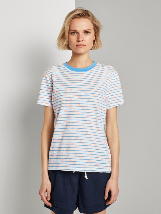 Loose T-shirt with a colourful print - Women - blue white stripe with palms Loose T-shirt with a colourful print - Women - blue white stripe with palms - 1 - TOM TAILOR Denim