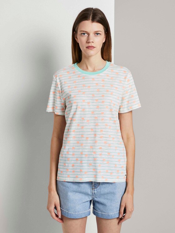 Lockeres T-Shirt mit buntem Print - Frauen - mint white stripe with palms Lockeres T-Shirt mit buntem Print - Frauen - mint white stripe with palms - 1 - TOM TAILOR Denim