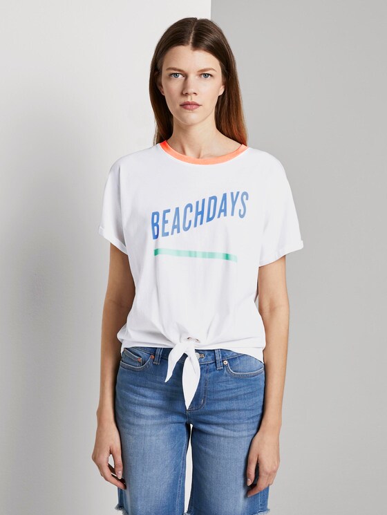 Short T-shirt with knot details and a print - Women - Off White Short T-shirt with knot details and a print - Women - Off White - 1 - TOM TAILOR Denim