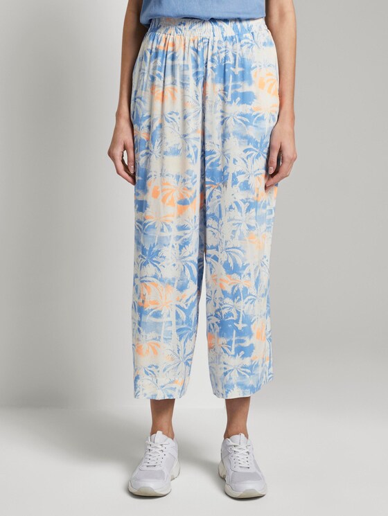 Flowing culotte trousers with a palm print - Women - blue coral palmtree print Flowing culotte trousers with a palm print - Women - blue coral palmtree print - 1 - TOM TAILOR Denim