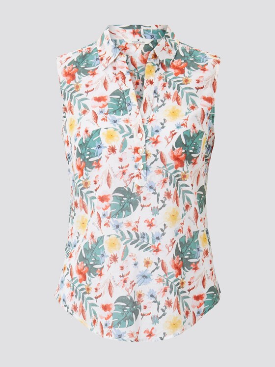 Ärmellose Henley-Bluse mit Seitenschlitzen - Frauen - white watercolor flower design Ärmellose Henley-Bluse mit Seitenschlitzen - Frauen - white watercolor flower design - 7 - TOM TAILOR