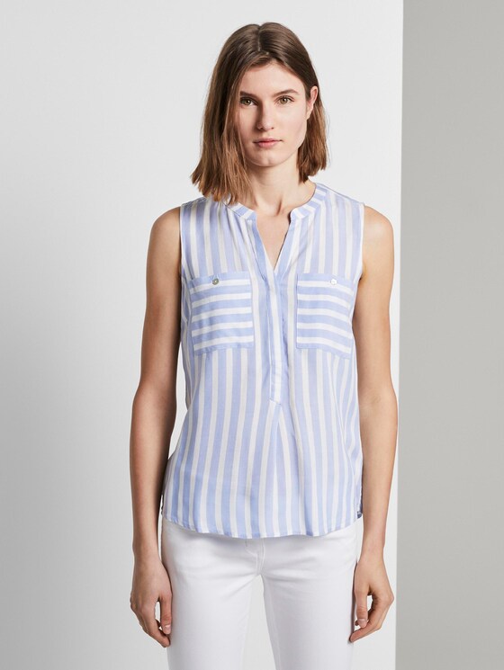 Sleeveless Henley blouse with stripes - Women - bleu offwhite vertical stripe Sleeveless Henley blouse with stripes - Women - bleu offwhite vertical stripe - 1 - TOM TAILOR