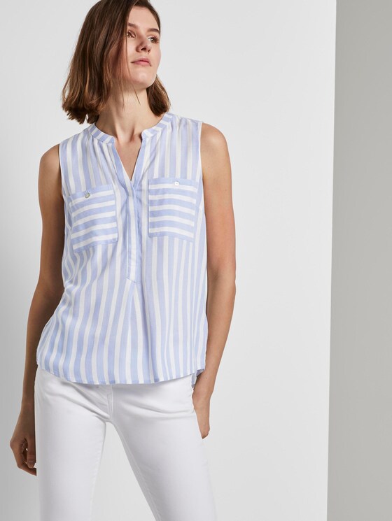 Sleeveless Henley blouse with stripes - Women - bleu offwhite vertical stripe Sleeveless Henley blouse with stripes - Women - bleu offwhite vertical stripe - 5 - TOM TAILOR