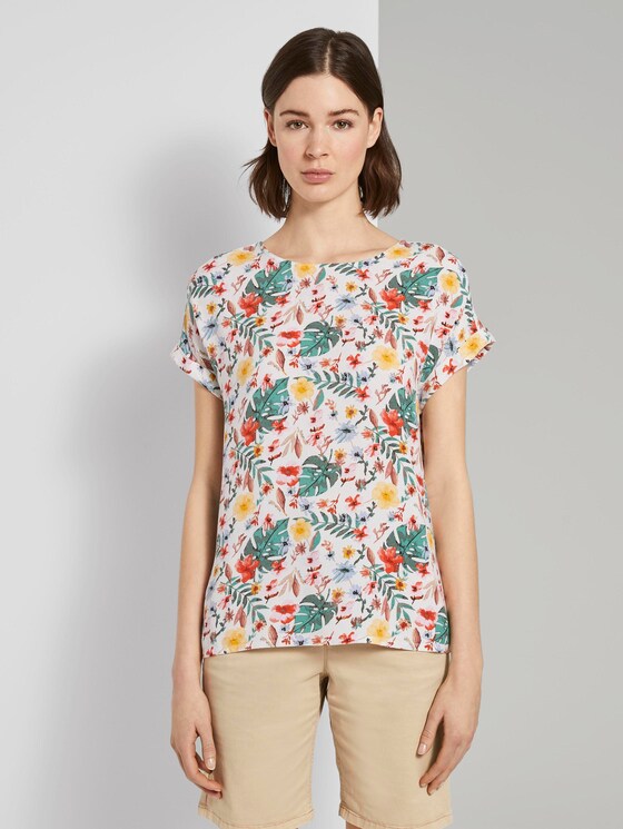 Gemusterte Kurzarm-Bluse mit Rückendetail - Frauen - white watercolor flower design Gemusterte Kurzarm-Bluse mit Rückendetail - Frauen - white watercolor flower design - 1 - TOM TAILOR