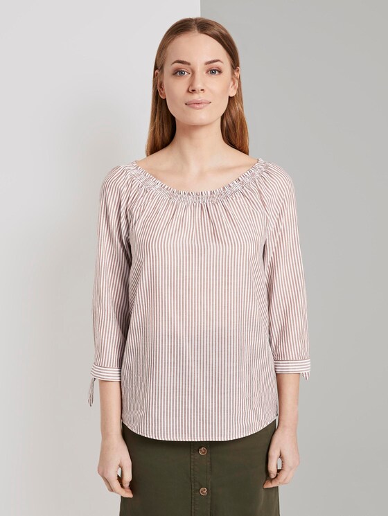 Off-the-shoulder Carmen blouse with knotted details - Women - brown white vertical stripe Off-the-shoulder Carmen blouse with knotted details - Women - brown white vertical stripe - 1 - TOM TAILOR