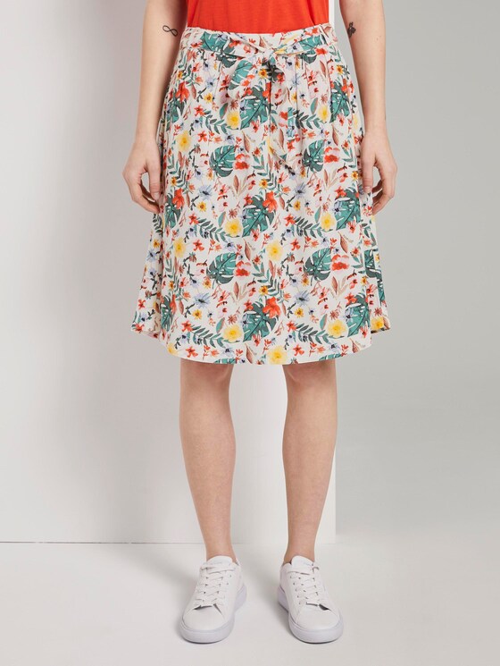 Skirt with a tropical print and tie belt - Women - white watercolor flower design Skirt with a tropical print and tie belt - Women - white watercolor flower design - 1 - TOM TAILOR