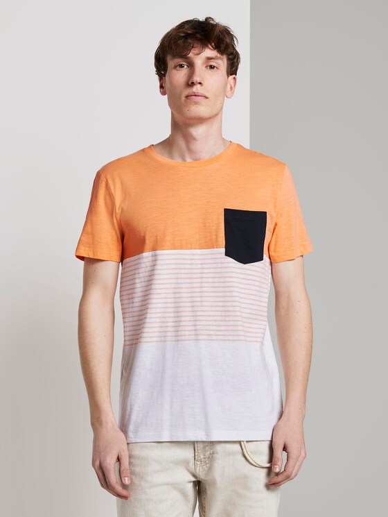 Block-stripe T-Shirt with a chest pocket - Men - summer peach orange Block-stripe T-Shirt with a chest pocket - Men - summer peach orange - 1 - TOM TAILOR Denim