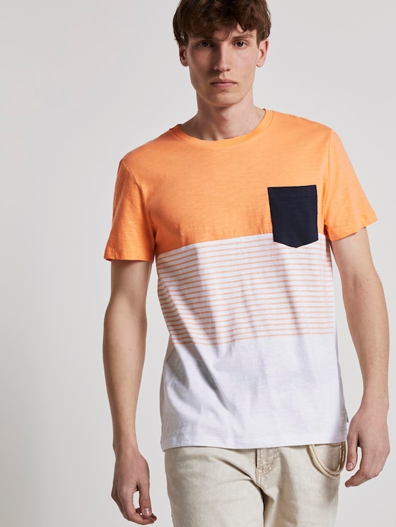 Block-stripe T-Shirt with a chest pocket - Men - summer peach orange Block-stripe T-Shirt with a chest pocket - Men - summer peach orange - 5 - TOM TAILOR Denim
