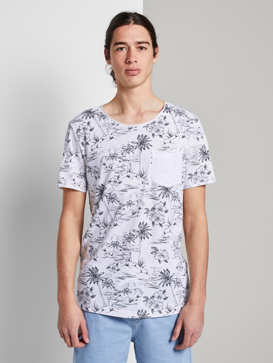 T-shirt with allover print and breast pocket - Men - white navy hawaiian print T-shirt with allover print and breast pocket - Men - white navy hawaiian print - 1 - TOM TAILOR Denim