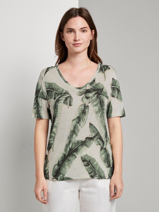 Leinen T-Shirt mit V-Ausschnitt - Frauen - ecru tropical leaves design Leinen T-Shirt mit V-Ausschnitt - Frauen - ecru tropical leaves design - 1 - Mine to five
