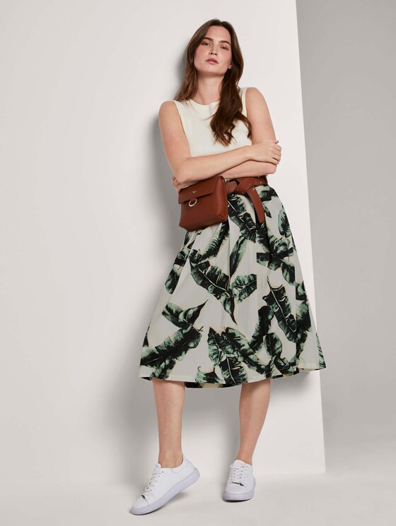 Ausgestellter Midi-Rock mit elastischem Bund - Frauen - ecru tropical leaves design Ausgestellter Midi-Rock mit elastischem Bund - Frauen - ecru tropical leaves design - 3 - Mine to five