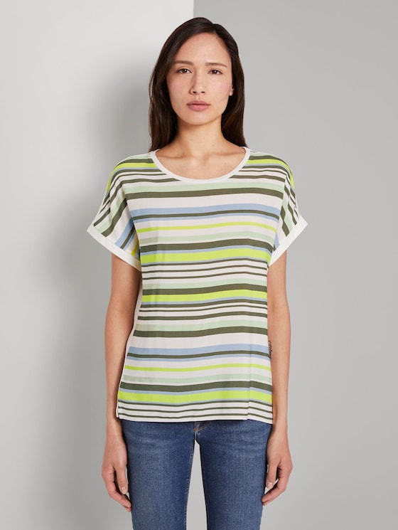 Striped T-shirt in a material mix - Women - green multicolor stripe Striped T-shirt in a material mix - Women - green multicolor stripe - 1 - TOM TAILOR