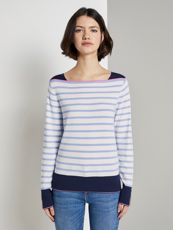 Gestreifter Pullover mit U-Boot-Ausschnitt - Frauen - mid blue white stripe Gestreifter Pullover mit U-Boot-Ausschnitt - Frauen - mid blue white stripe - 1 - TOM TAILOR Denim