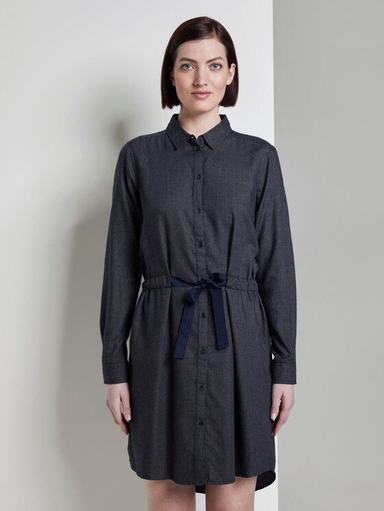 Kurzes Hemdkleid mit Bindegürtel - Frauen - navy small grid Kurzes Hemdkleid mit Bindegürtel - Frauen - navy small grid - 1 - TOM TAILOR Denim