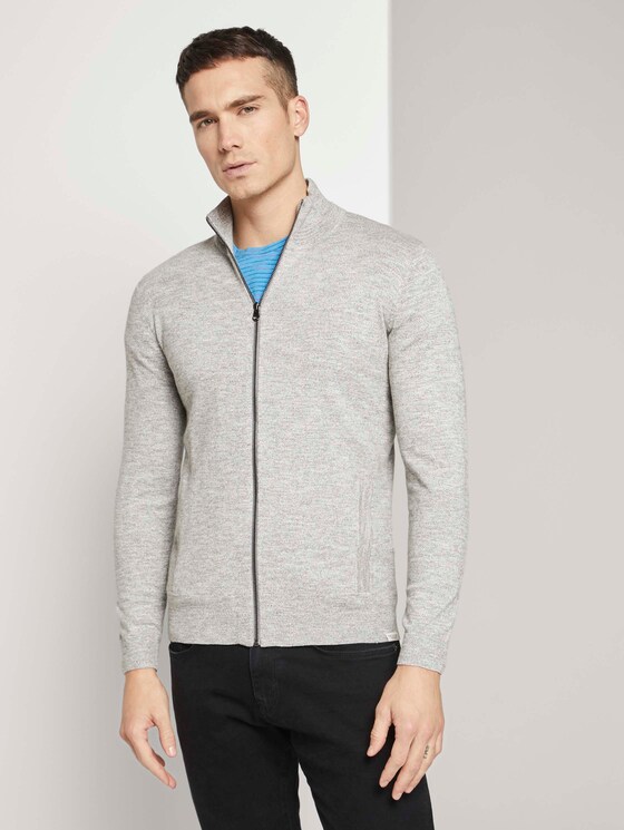Melierte Strickjacke mit Stehkragen mit recyceltem Polyester - Männer - light grey white mouline Melierte Strickjacke mit Stehkragen mit recyceltem Polyester - Männer - light grey white mouline - 1 - TOM TAILOR