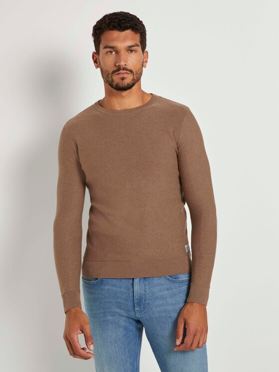 Basic pullover with a striped pattern - Men - brown oak melange Basic pullover with a striped pattern - Men - brown oak melange - 1 - TOM TAILOR