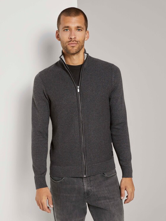 Strukturierte Strickjacke mit Stehkragen - Männer - Black Grey Melange Strukturierte Strickjacke mit Stehkragen - Männer - Black Grey Melange - 1 - TOM TAILOR