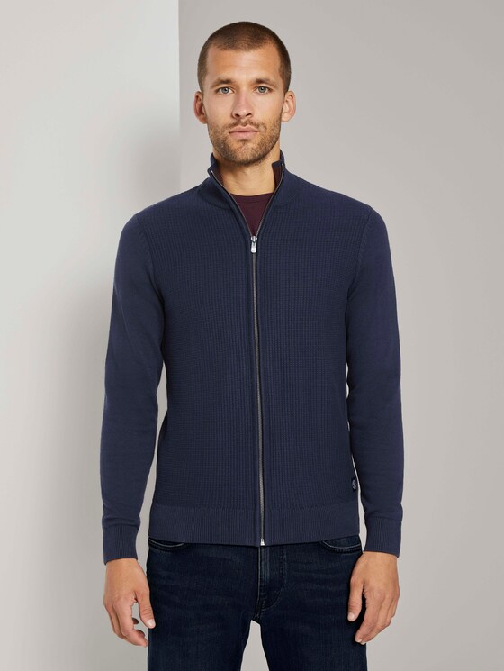 Strukturierte Strickjacke mit Stehkragen - Männer - Knitted Navy Strukturierte Strickjacke mit Stehkragen - Männer - Knitted Navy - 1 - TOM TAILOR