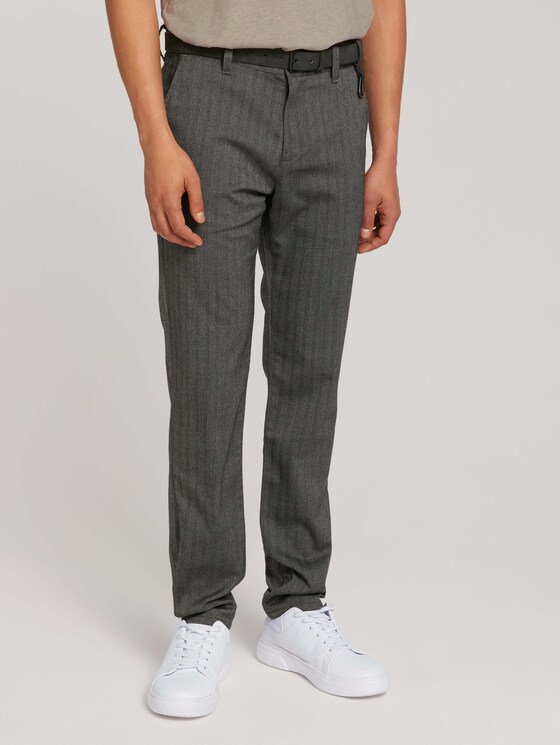 Textured chinos with a belt - Men - black white herringbone weave Textured chinos with a belt - Men - black white herringbone weave - 1 - TOM TAILOR Denim