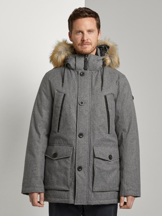 Lange Winterjacke mit Fellkragen - Männer - grey brushed wool optic Lange Winterjacke mit Fellkragen - Männer - grey brushed wool optic - 1 - TOM TAILOR