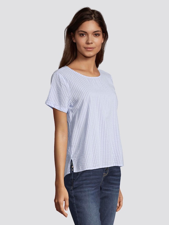Striped short-sleeved blouse with a button tab on the back - Women - blue white structure stripe Striped short-sleeved blouse with a button tab on the back - Women - blue white structure stripe - 5 - TOM TAILOR Denim