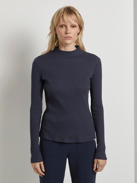 Ribbed long-sleeved top with a stand-up collar - Women - Sky Captain Blue Ribbed long-sleeved top with a stand-up collar - Women - Sky Captain Blue - 1 - Mine to five