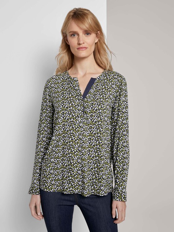 Gemusterte Henley-Bluse mit Turn-Ups - Frauen - navy green floral design Gemusterte Henley-Bluse mit Turn-Ups - Frauen - navy green floral design - 1 - TOM TAILOR