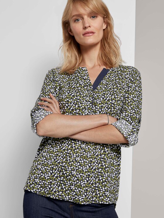Gemusterte Henley-Bluse mit Turn-Ups - Frauen - navy green floral design Gemusterte Henley-Bluse mit Turn-Ups - Frauen - navy green floral design - 5 - TOM TAILOR