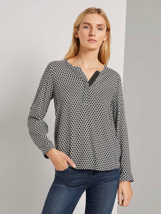 Gemusterte Henley-Bluse mit Turn-Ups - Frauen - dark rosin black minimal Gemusterte Henley-Bluse mit Turn-Ups - Frauen - dark rosin black minimal - 1 - TOM TAILOR