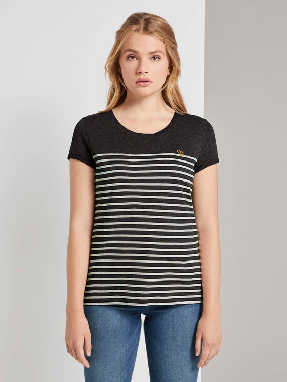 Gestreiftes T-Shirt mit kleiner Stickerei - Frauen - Shale Grey Melange Gestreiftes T-Shirt mit kleiner Stickerei - Frauen - Shale Grey Melange - 1 - TOM TAILOR Denim