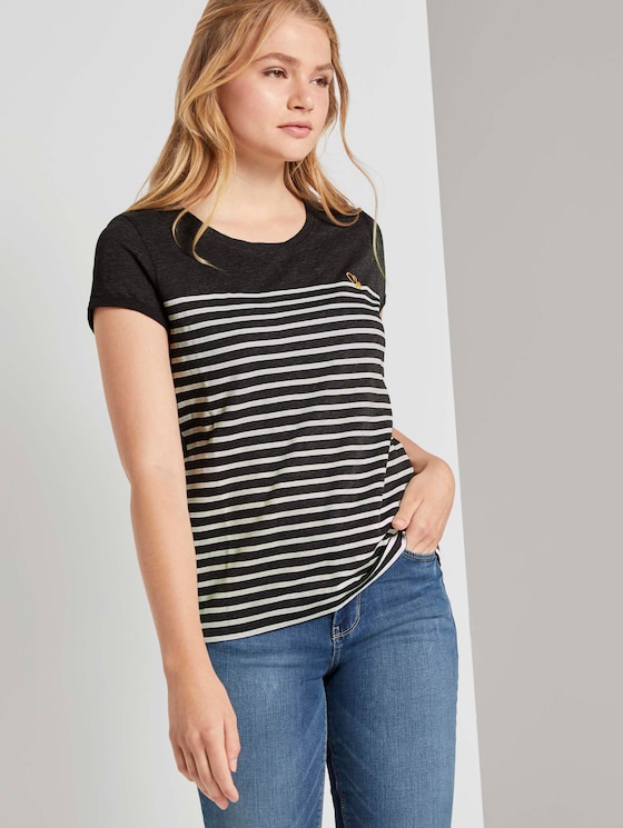 Striped T-shirt with small embroidery - Women - Shale Grey Melange - 5 - TOM TAILOR Denim