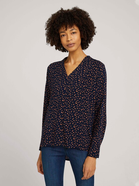 Gemusterte Bluse mit V-Ausschnitt - Frauen - navy orange dot design Gemusterte Bluse mit V-Ausschnitt - Frauen - navy orange dot design - 1 - Mine to five