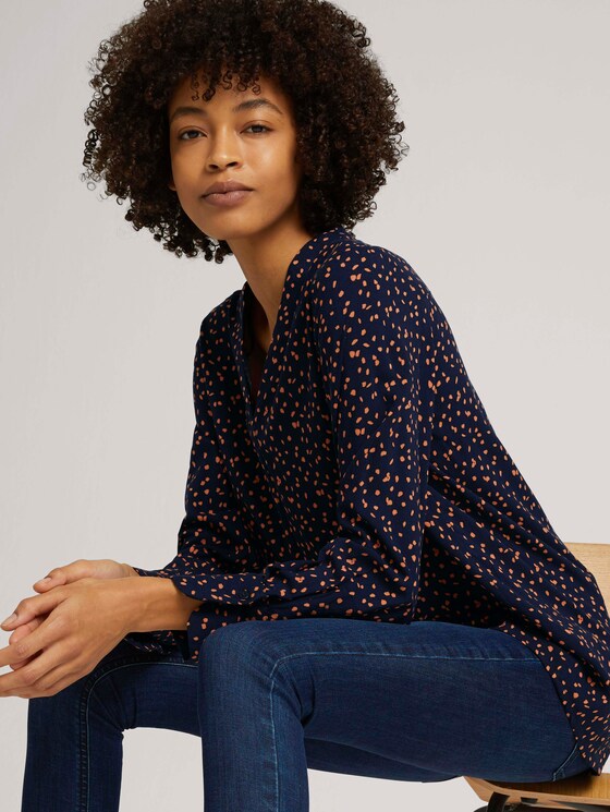 Gemusterte Bluse mit V-Ausschnitt - Frauen - navy orange dot design Gemusterte Bluse mit V-Ausschnitt - Frauen - navy orange dot design - 5 - Mine to five