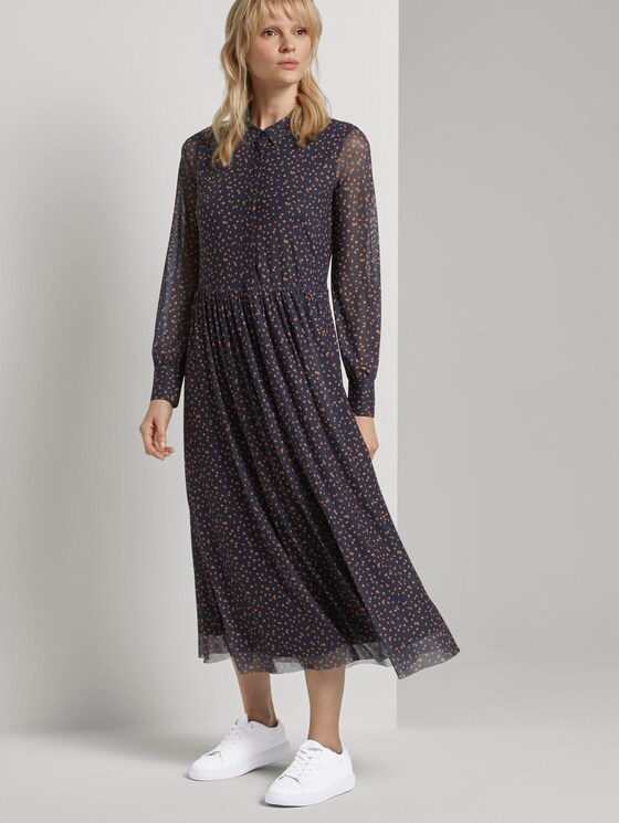 Gemustertes Midi-Blusenkleid - Frauen - navy orange dot design Gemustertes Midi-Blusenkleid - Frauen - navy orange dot design - 5 - Mine to five