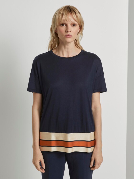 T-Shirt mit gestreiftem Saum - Frauen - Sky Captain Blue T-Shirt mit gestreiftem Saum - Frauen - Sky Captain Blue - 1 - Mine to five