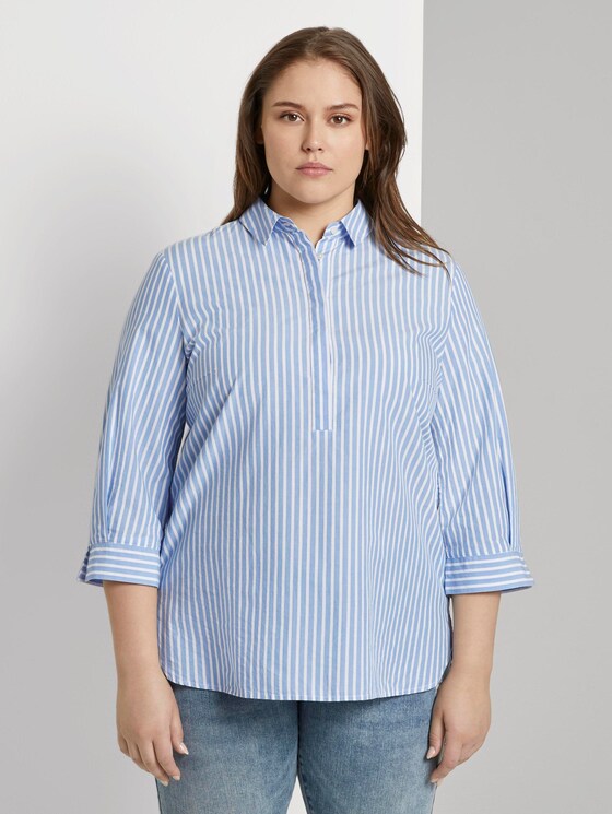 Curvy - Gestreifte Bluse mit Henley-Kragen - Frauen - sea blue ecru stripe Curvy - Gestreifte Bluse mit Henley-Kragen - Frauen - sea blue ecru stripe - 1 - My True Me