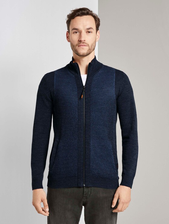 Strukturierte Strickjacke mit Stehkragen - Männer - navy grey plated Strukturierte Strickjacke mit Stehkragen - Männer - navy grey plated - 1 - TOM TAILOR