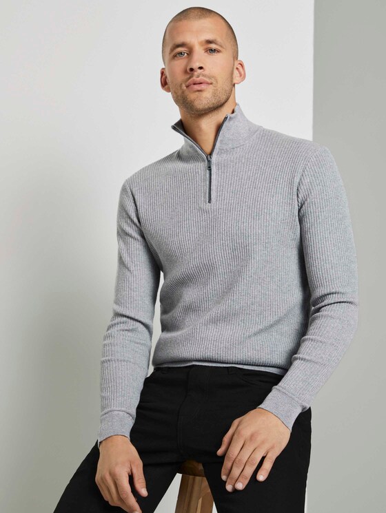 Gerippter Pullover mit Troyer-Kragen - Männer - Light Soft Grey Melange Gerippter Pullover mit Troyer-Kragen - Männer - Light Soft Grey Melange - 5 - TOM TAILOR