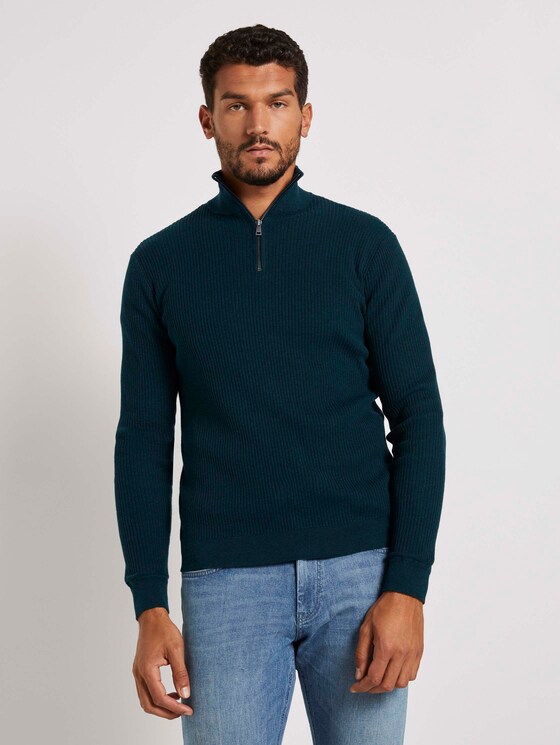Gerippter Pullover mit Troyer-Kragen - Männer - sapphire green melange Gerippter Pullover mit Troyer-Kragen - Männer - sapphire green melange - 1 - TOM TAILOR