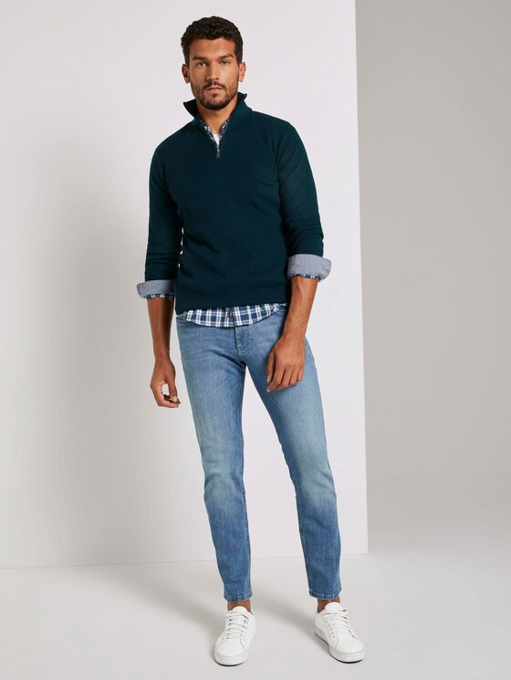 Gerippter Pullover mit Troyer-Kragen - Männer - sapphire green melange Gerippter Pullover mit Troyer-Kragen - Männer - sapphire green melange - 3 - TOM TAILOR