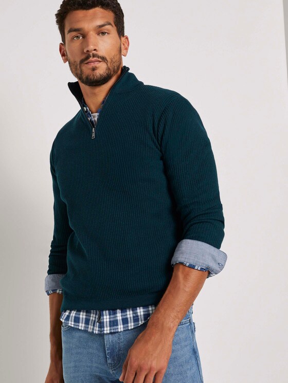 Gerippter Pullover mit Troyer-Kragen - Männer - sapphire green melange Gerippter Pullover mit Troyer-Kragen - Männer - sapphire green melange - 5 - TOM TAILOR