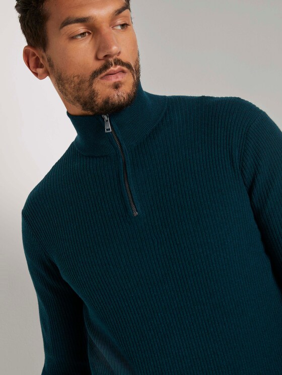 Gerippter Pullover mit Troyer-Kragen - Männer - sapphire green melange Gerippter Pullover mit Troyer-Kragen - Männer - sapphire green melange - 9 - TOM TAILOR