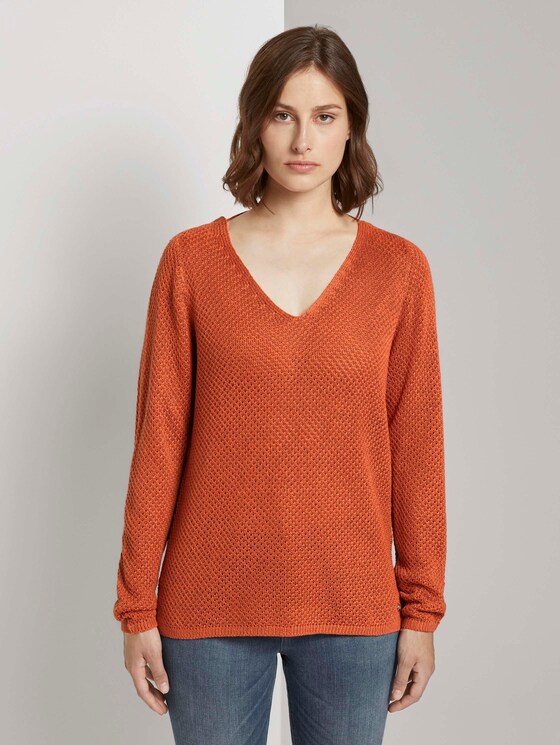 Strukturierter Pullover mit V-Ausschnitt - Frauen - burnt coral Strukturierter Pullover mit V-Ausschnitt - Frauen - burnt coral - 1 - TOM TAILOR Denim