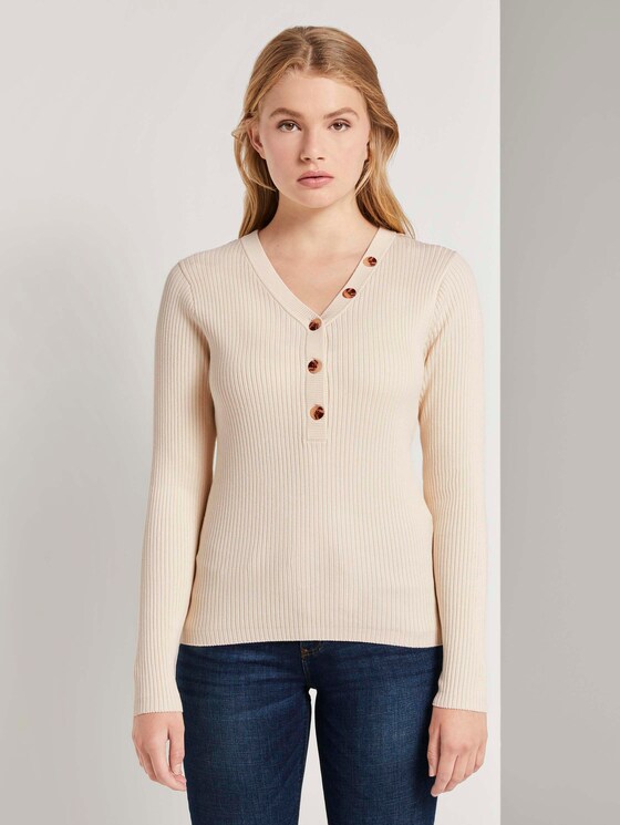 Geribde Henley Neck Pullover - Vrouwen - soft creme beige Geribde Henley Neck Pullover - Vrouwen - soft creme beige - 1 - TOM TAILOR Denim