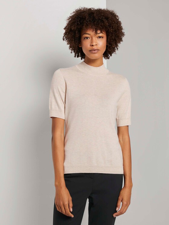 Kurzarm Pullover mit Stehkragen - Frauen - light powder beige melange Kurzarm Pullover mit Stehkragen - Frauen - light powder beige melange - 1 - Mine to five