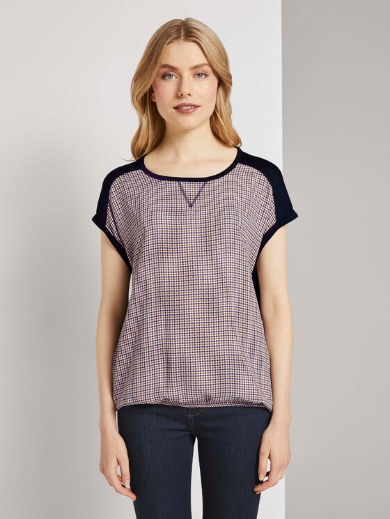 T-shirt in a mix of materials - Women - camel small check T-shirt in a mix of materials - Women - camel small check - 1 - TOM TAILOR