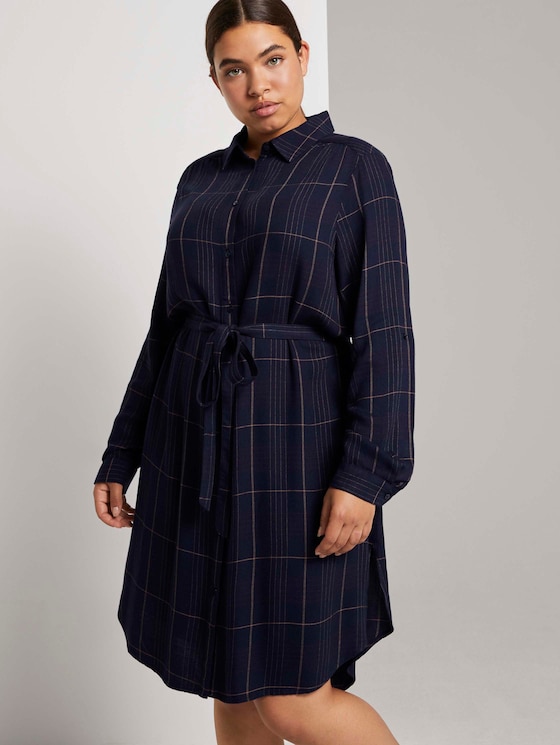 Checked shirt dress with a tie belt - Women - navy gipsy camel check - 5 - My True Me