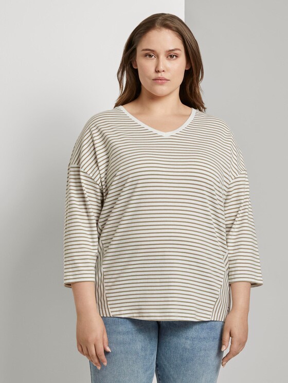 Gestreiftes Shirt mit 3/4-Arm - Frauen - khaki ecru horizontal stripe Gestreiftes Shirt mit 3/4-Arm - Frauen - khaki ecru horizontal stripe - 1 - My True Me